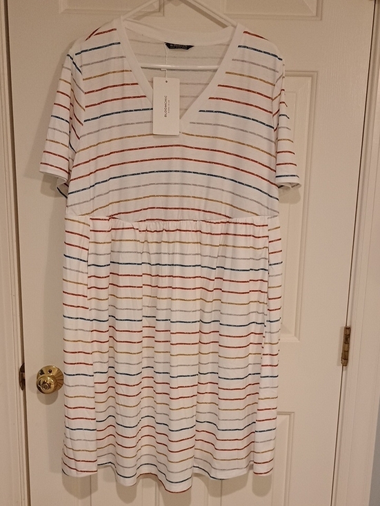 BloomChic Dresses & Skirts - BloomChic White Mini Dress with Red, Blue, and Mustard Stripes